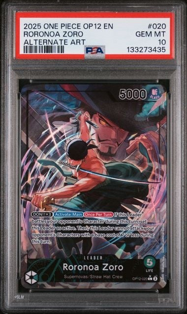 2025 ONE PIECE OP12-020 LEGACY OF THE MASTER RORONOA ZORO ALT ART LEADER PSA 100