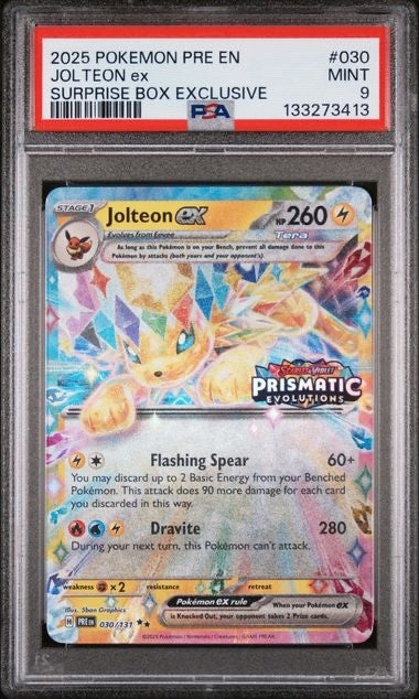 PSA 9 Pokemon Prismatic Evolutions Surprise Box Promo Jolteon EX 030/131 MINT!0