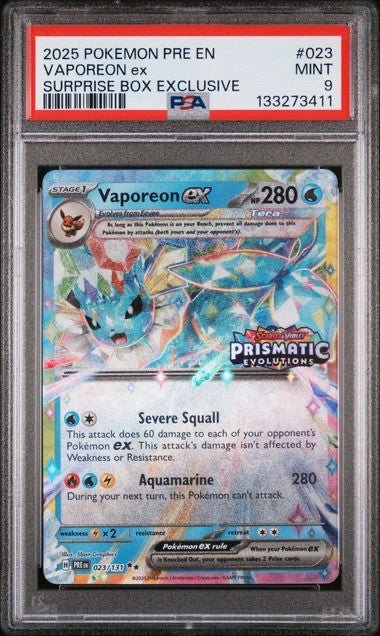 2025 POKEMON PRE EN #023/131 VAPOREON EX SURPRISE BOX EXCLUSIVE PSA 90