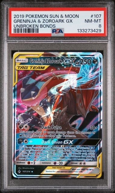 2019 Pokemon Unbroken Bonds PSA 8 Greninja & Zoroark GX Tag Team HOLO #1070