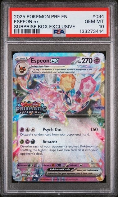 Espeon EX Surprise Box Promo Stamp 034/131 Pokemon Prismatic Evolutions PSA 100