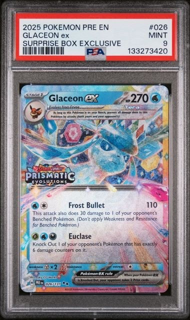 2024 Pokemon Prismatic Evolutions Glaceon Ex Surprise Box Exclusive PSA 90