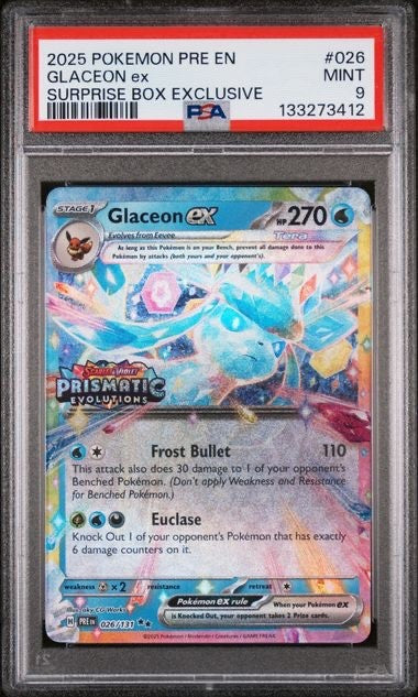 2024 Pokemon Prismatic Evolutions Glaceon Ex Surprise Box Exclusive PSA 90